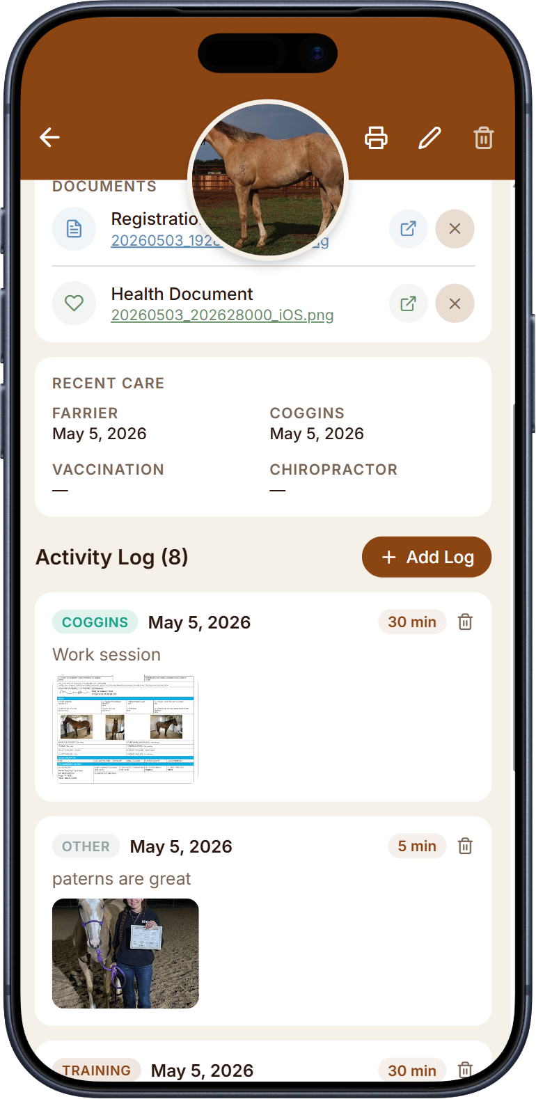 Activity log screen