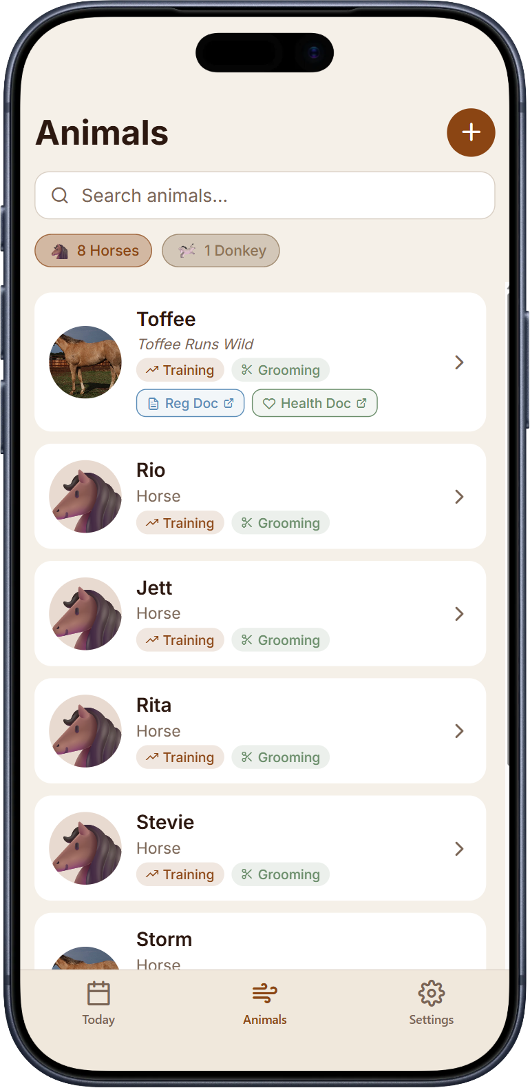 Animal list screen from the 4F Ranch app