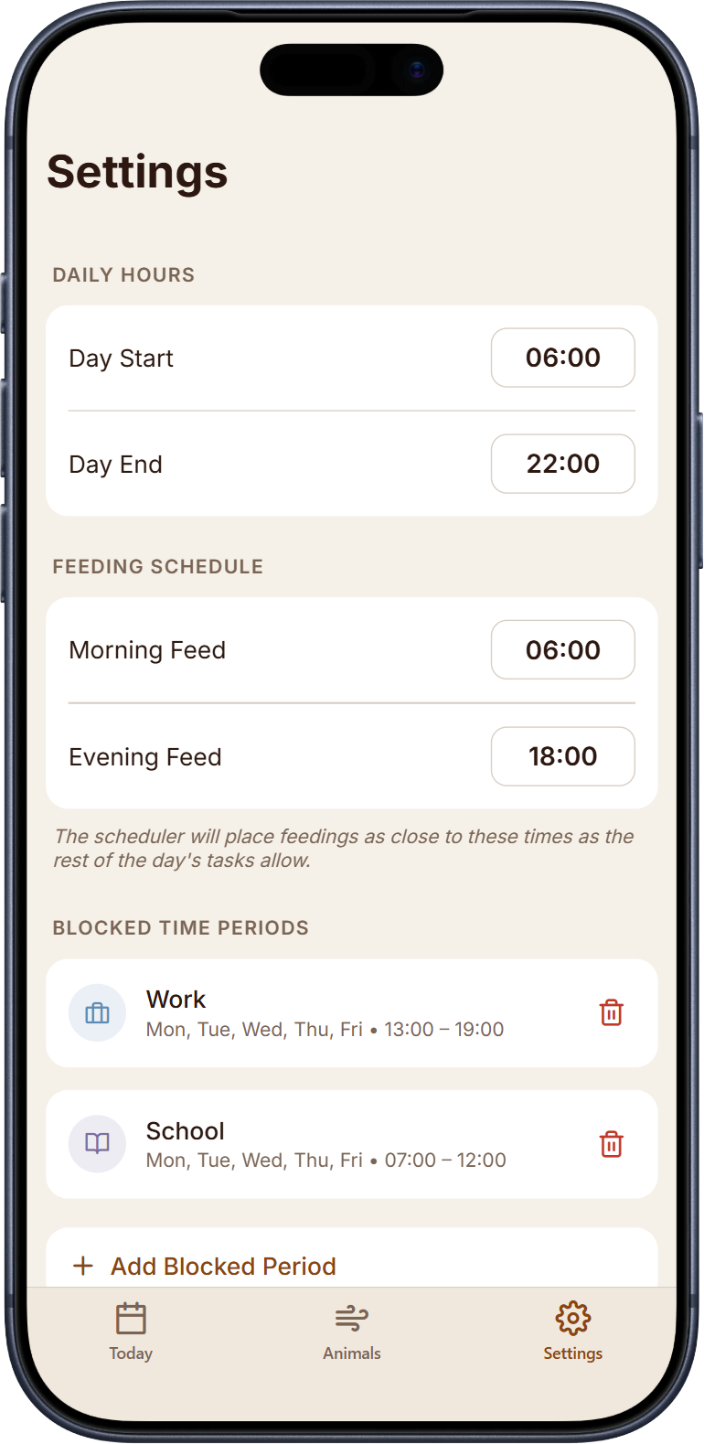 Settings daily hours screen