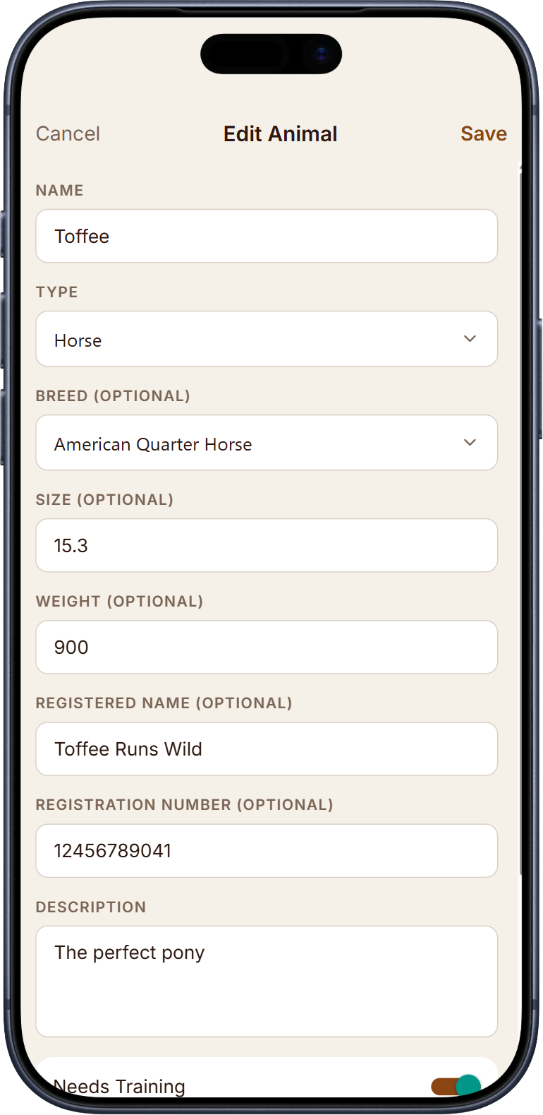 Training and grooming settings screen