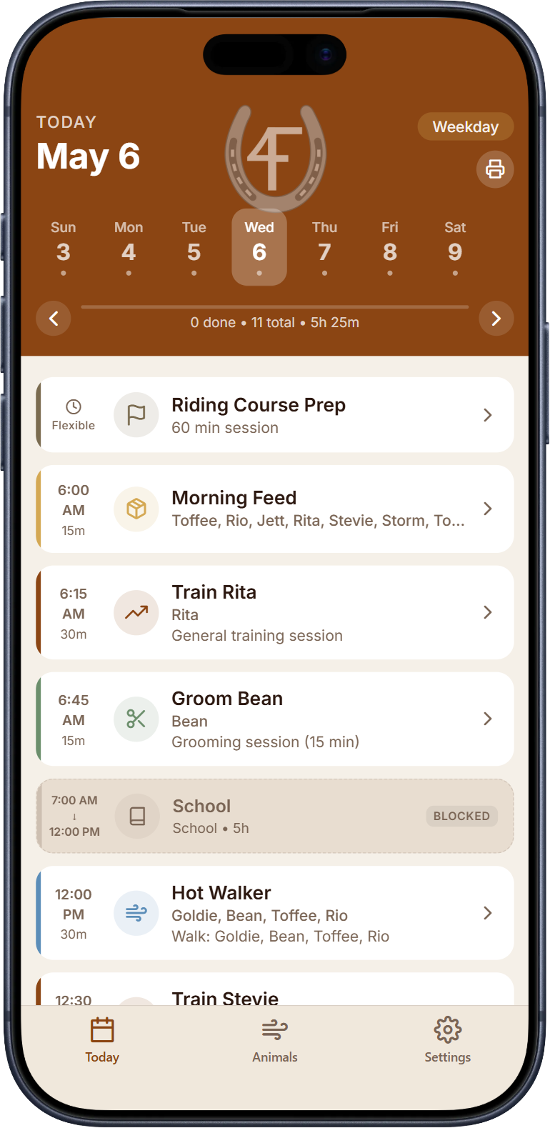 Today schedule screen from the 4F Ranch app